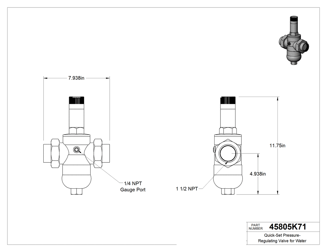 Teknik Çizim - Su için Hızlı Ayarlı Basınç Düzenleme Valfi, Pirinç Gövde, 1-1/2 NPT Dişi Giriş x Çıkış