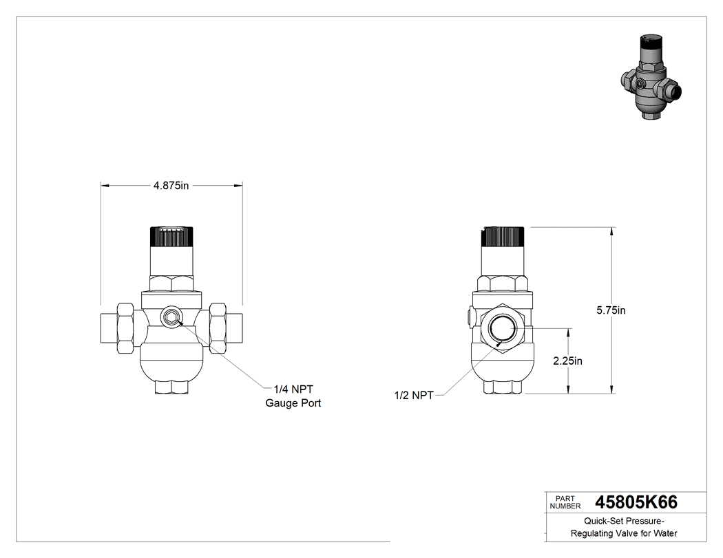 Teknik Çizim - Su için Hızlı Ayarlı Basınç Düzenleme Valfi, Pirinç Gövde, 1/2 NPT Dişi Giriş x Çıkış