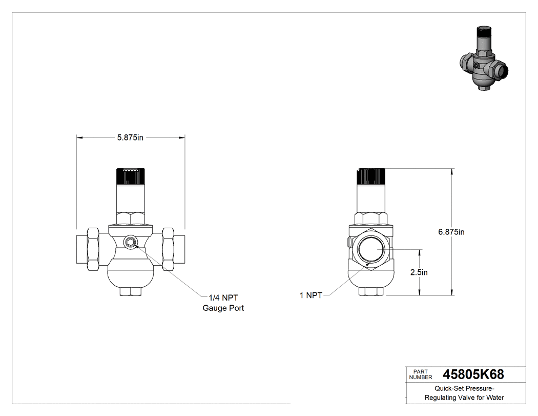 Teknik Çizim - Su için Hızlı Ayarlı Basınç Düzenleme Valfi, Pirinç Gövde, 1 NPT Dişi Giriş x Çıkış