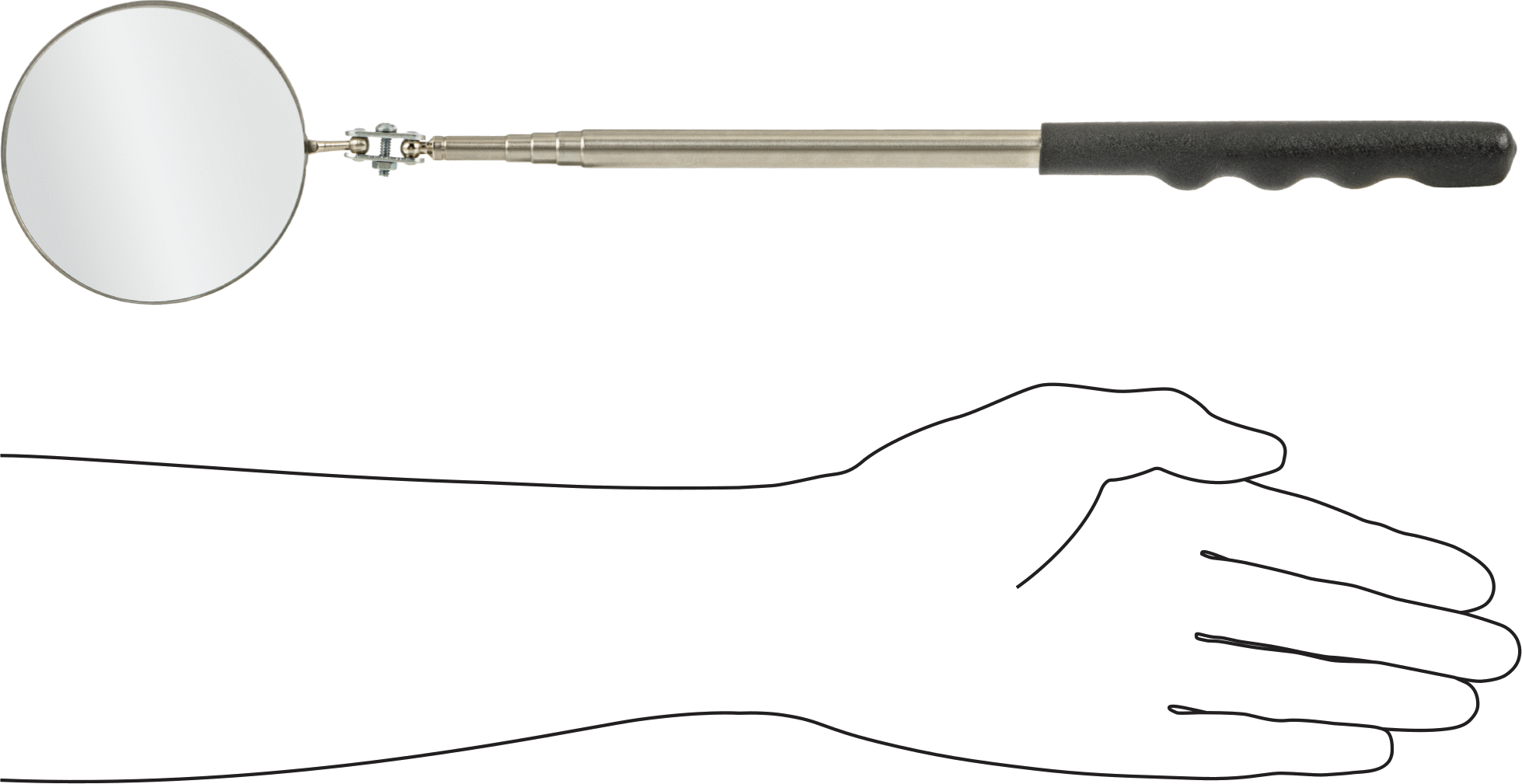 Cam El Tipi Muayene Aynası, Yuvarlak, 16“ ila 52” Tutamak Uzunluğu, 3-1/4" Çap