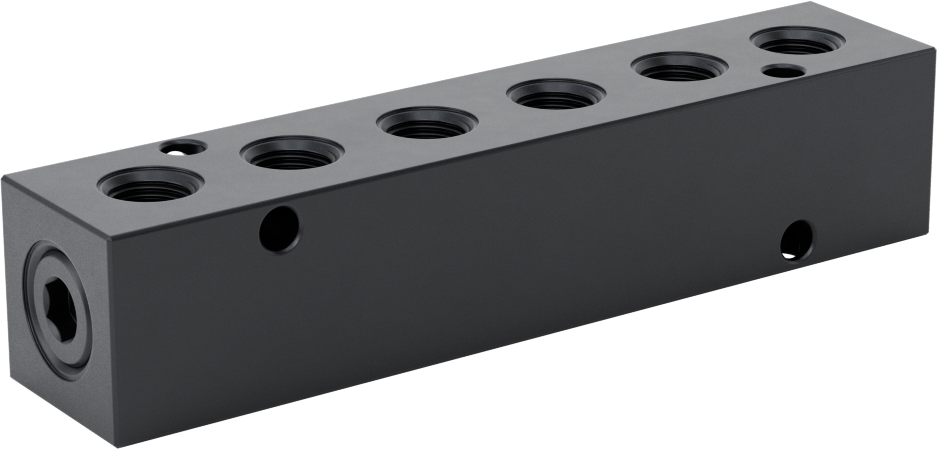 Düz Akışlı Dikdörtgen Manifold, Eloksallı Alüminyum, Standart, 6 Çıkış, 1/4 NPT x 1/8 NPT