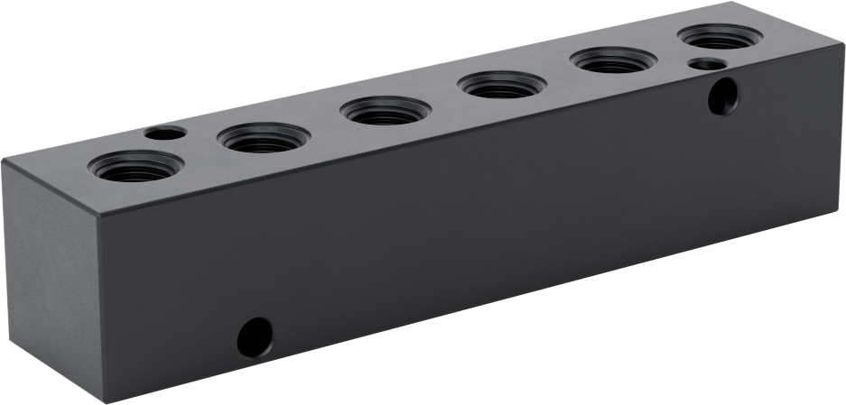 Düz Akışlı Dikdörtgen Manifold, Eloksallı Alüminyum, Standart, 6 Çıkış, 1/4 NPT x 1/8 NPT