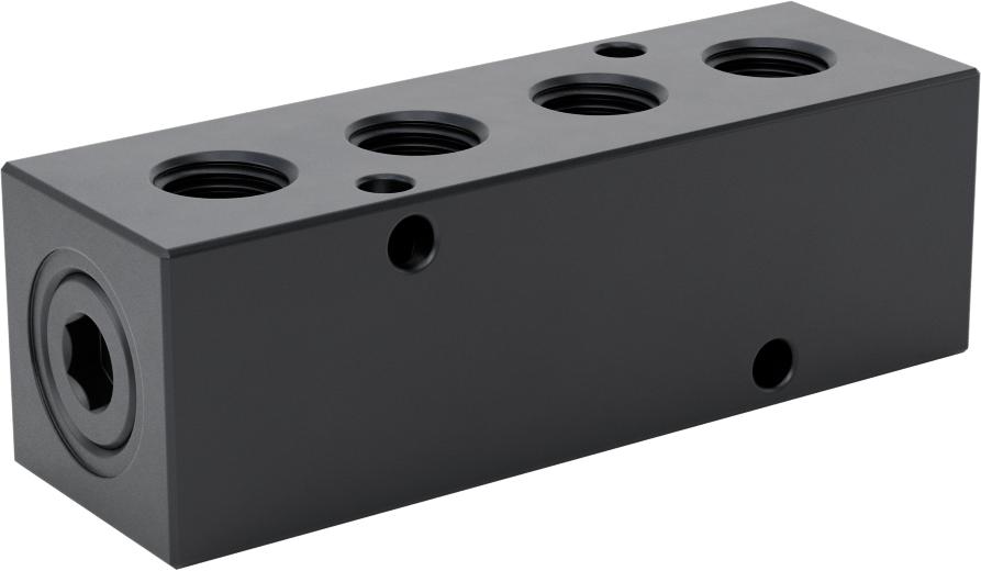 Düz Akışlı Dikdörtgen Manifold, Eloksallı Alüminyum, Standart, 4 Çıkış, 3/8 NPT x 1/4 NPT
