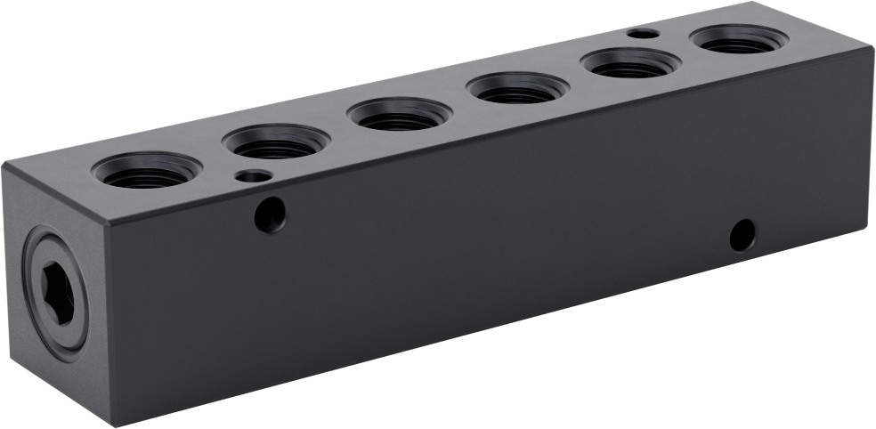 Düz Akışlı Dikdörtgen Manifold, Eloksallı Alüminyum, Standart, 6 Çıkış, 3/8 NPT x 1/4 NPT
