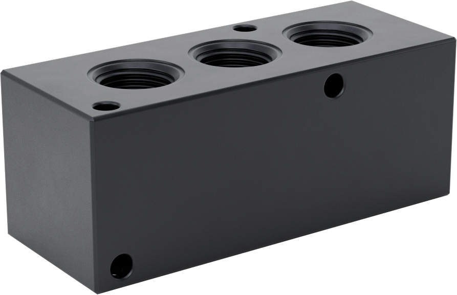 Düz Akışlı Dikdörtgen Manifold, Eloksallı Alüminyum, Standart, 3 Çıkış, 1/2 NPT x 3/8 NPT