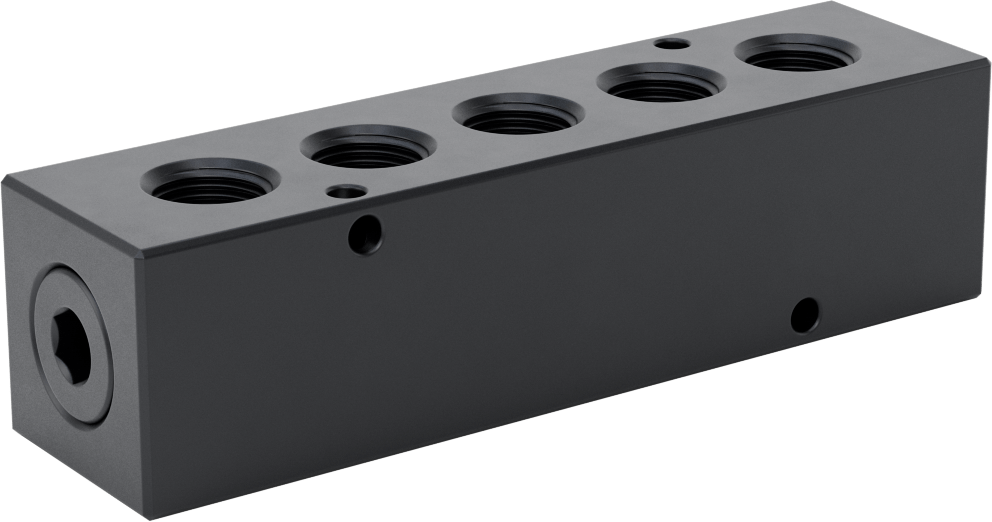 Düz Akışlı Dikdörtgen Manifold, Eloksallı Alüminyum, Standart, 5 Çıkış, 1/2 NPT x 3/8 NPT