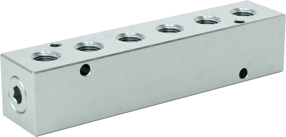 Düz Akışlı Dikdörtgen Manifold, Çinko Kaplı Çelik, Standart, 6 Çıkış, 1/4 NPT x 1/8 NPT