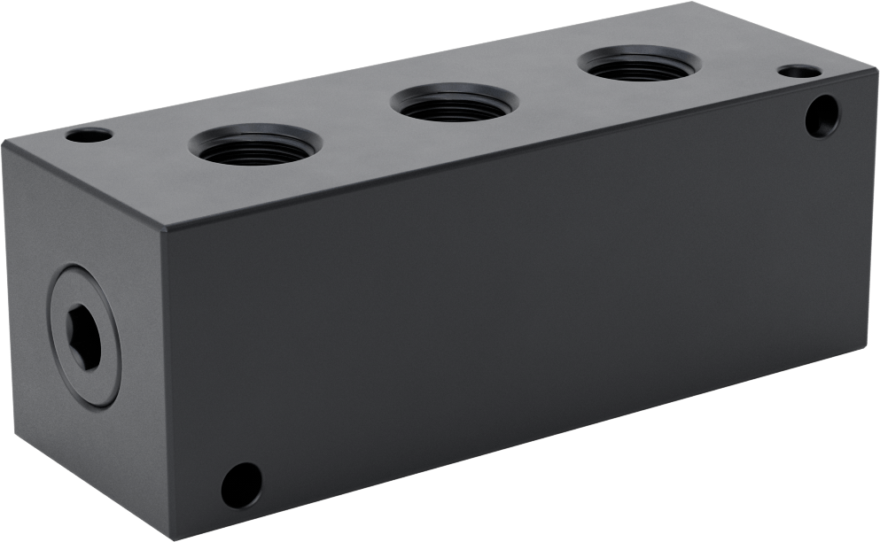 Düz Akışlı Dikdörtgen Manifold, Alüminyum, Standart, 3 Çıkış, 1-1/16"-12 UNF x 3/4"-16 UNF