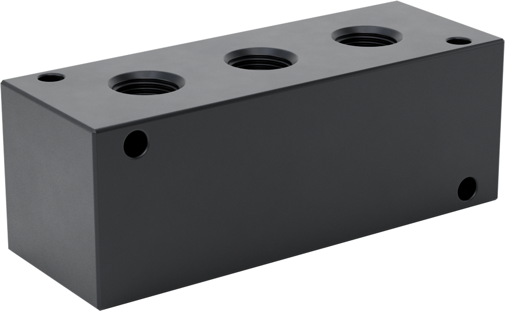 Düz Akışlı Dikdörtgen Manifold, Alüminyum, Standart, 3 Çıkış, 1-1/16"-12 UNF x 3/4"-16 UNF