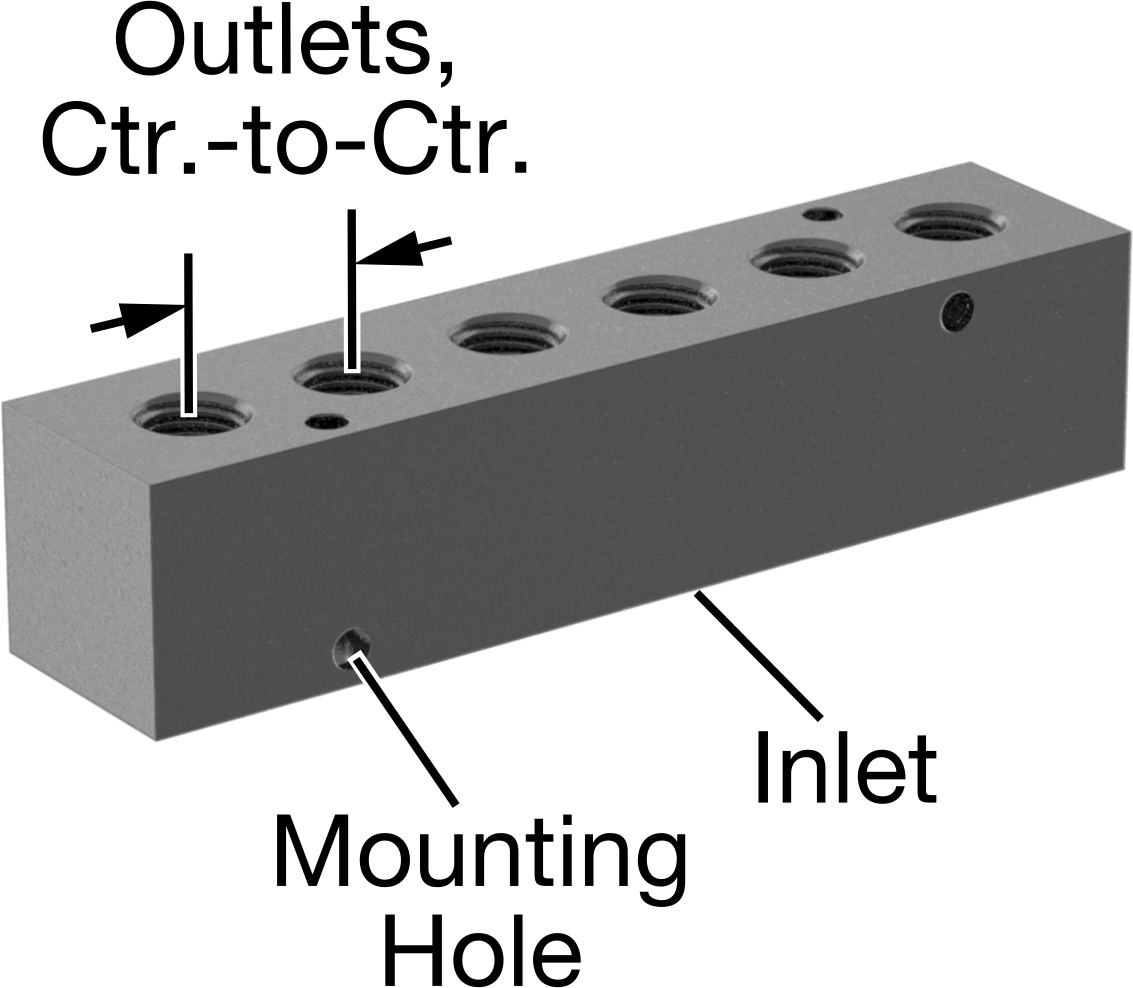 Düz Akışlı Dikdörtgen Manifold, Eloksallı Alüminyum, Ekstra Geniş, 6 Çıkış, 1/4 NPT x 1/8 NPT