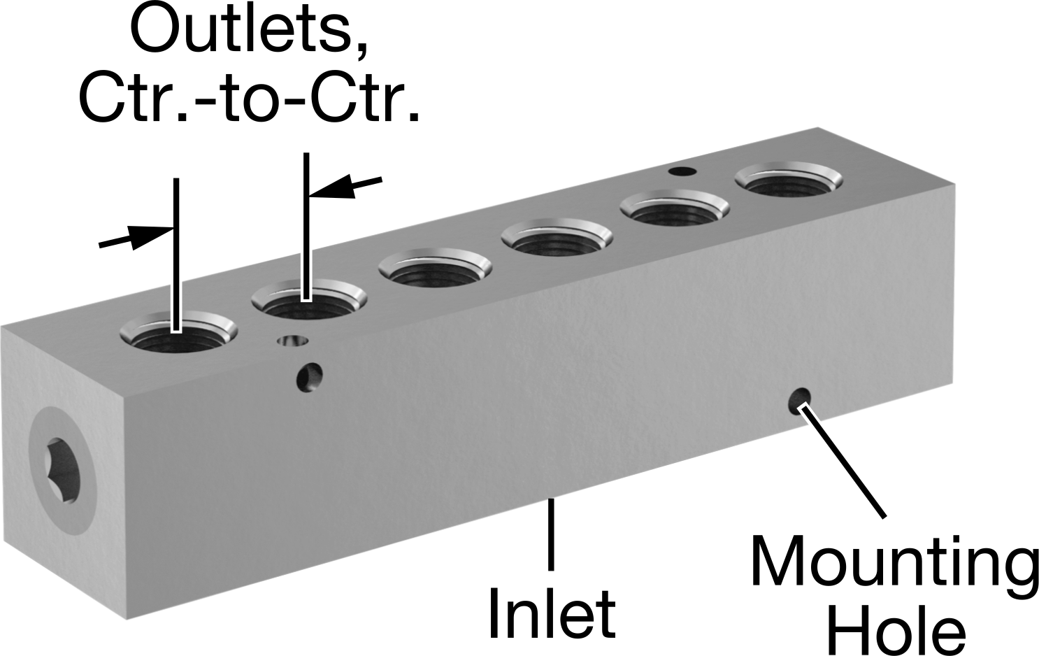 Düz Akışlı Dikdörtgen Manifold, Çinko Kaplı Çelik, Standart, 6 Çıkış, 1/4 NPT x 1/8 NPT