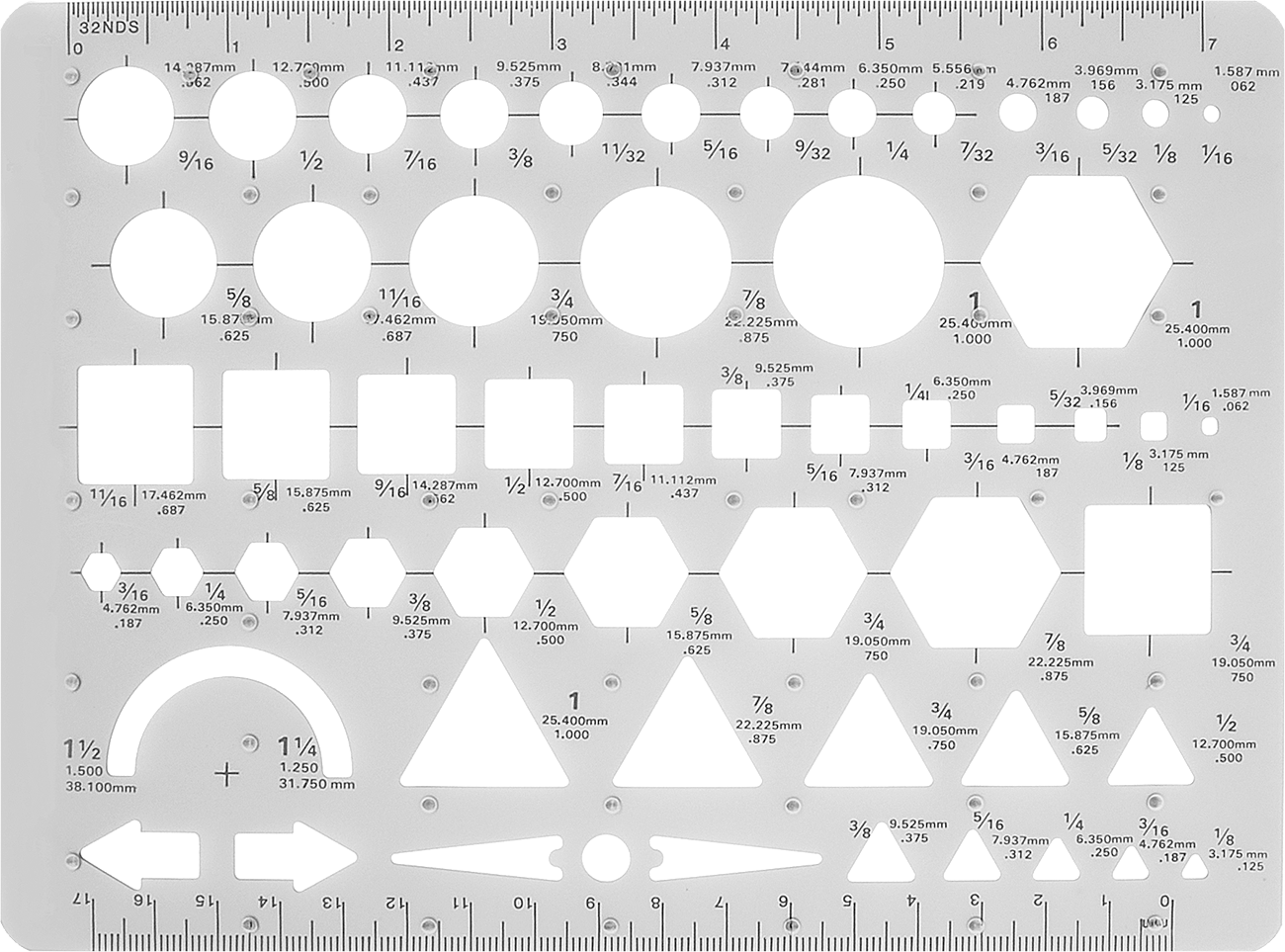 Sembol Çizim Şablonu, 1/16“ ila 1-1/2” Çap için, Kare, Üçgen, Altıgen ve Ok