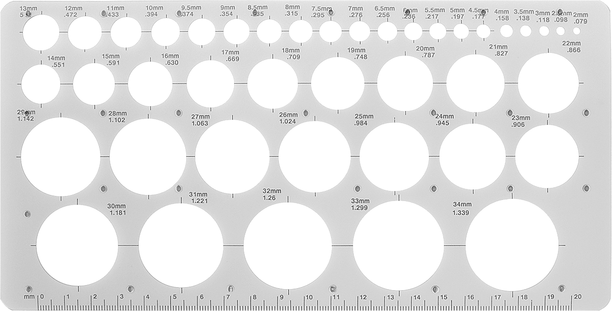 Sembol Çizim Şablonu, 2 mm ila 34 mm çaplar için