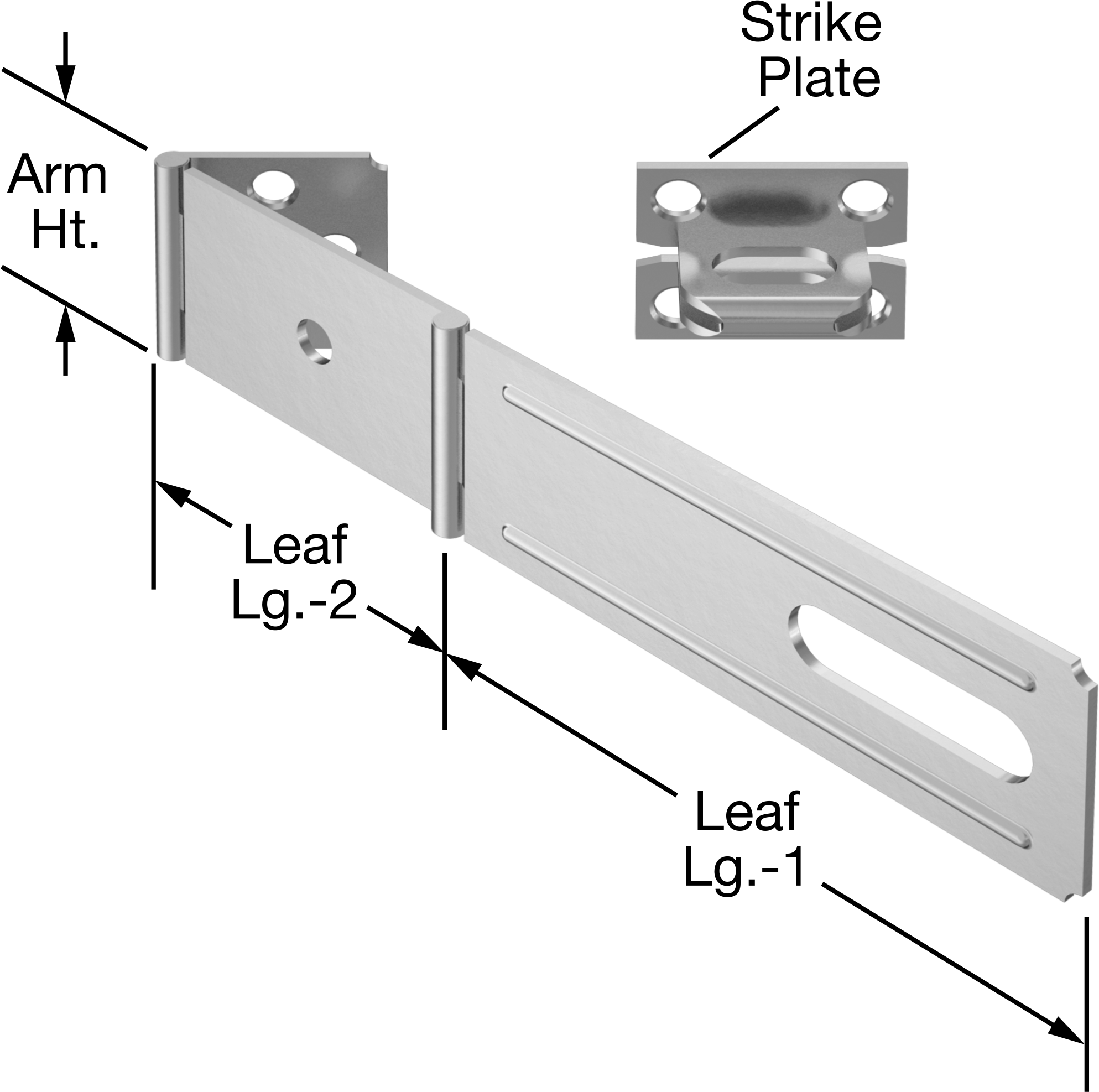 Uzun Menzilli Kilitlenebilir Köşe Mandalı, Çinko Kaplı Çelik, 2 Yaprak, 6-7/8“ x 1-1/2” x 3/32" Kol