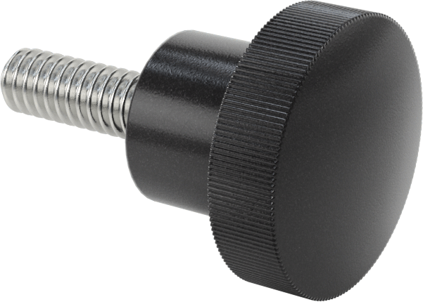 Tırtıllı Plastik Tutamak, Siyah Naylon, 1/4"-20 Diş Boyutu, 3/4" Uzunlukta Saplama, 1" Çapında Başlık
