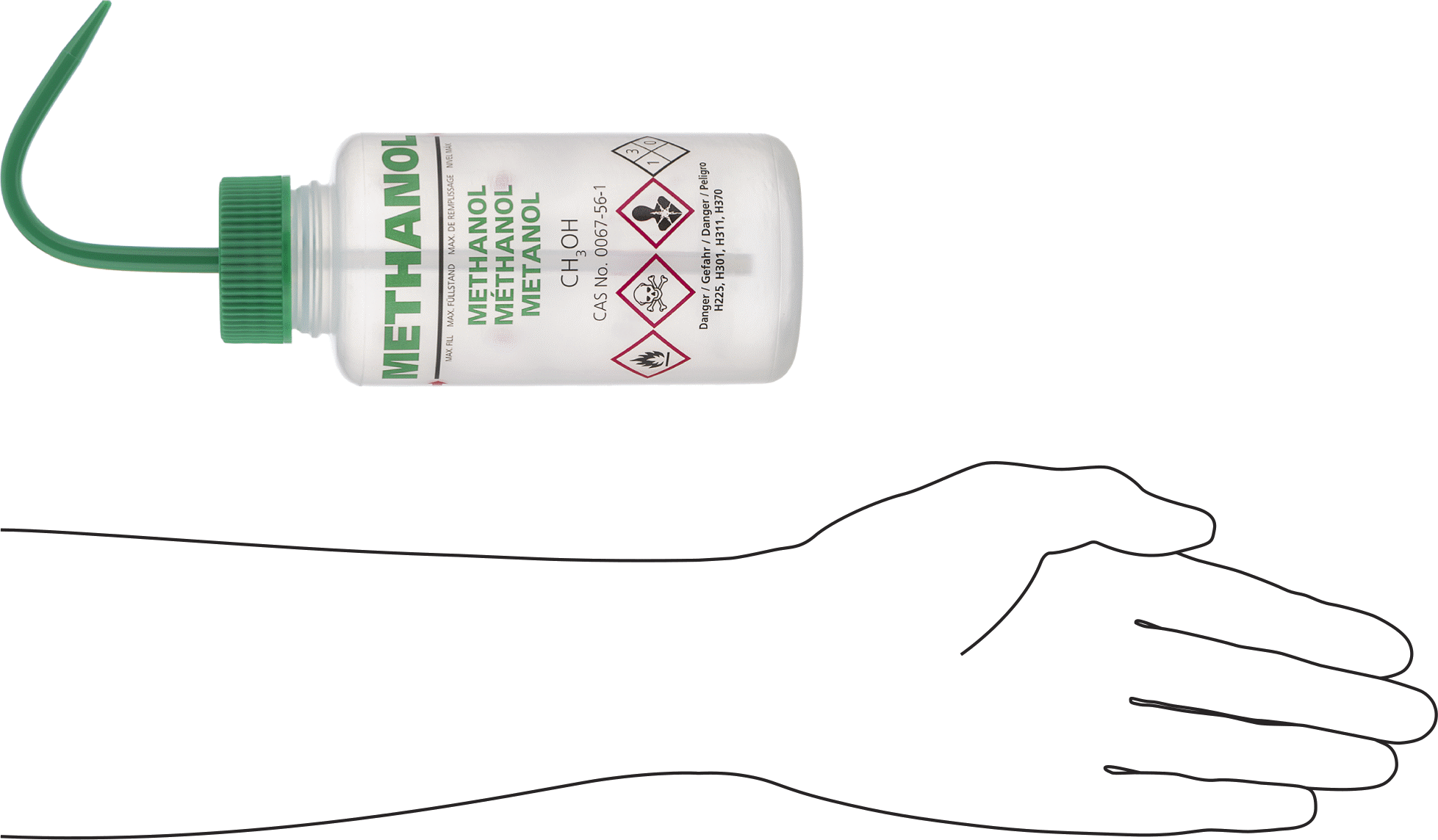Açılı Nozullu Sıkma Şişesi, Çok Dilli, (Metanol), 16 FL. oz Kapasite
