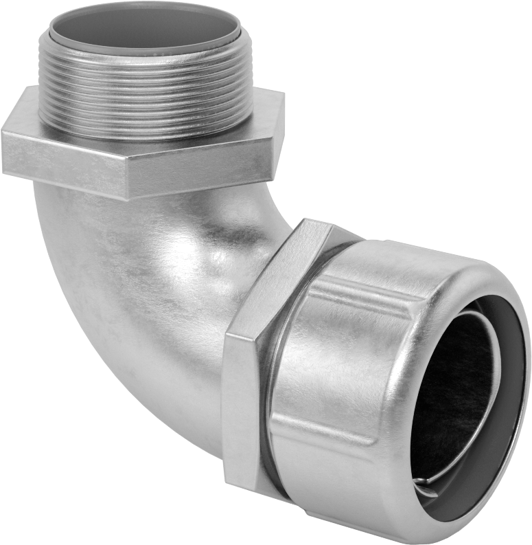 Sıvı Sızdırmaz Esnek Metal Kanal, Paslanmaz Çelik 90 Derece Dirsek, 1-1/2 Anma Ölçüsü Dişi, 1 1/2 NPT Erkek