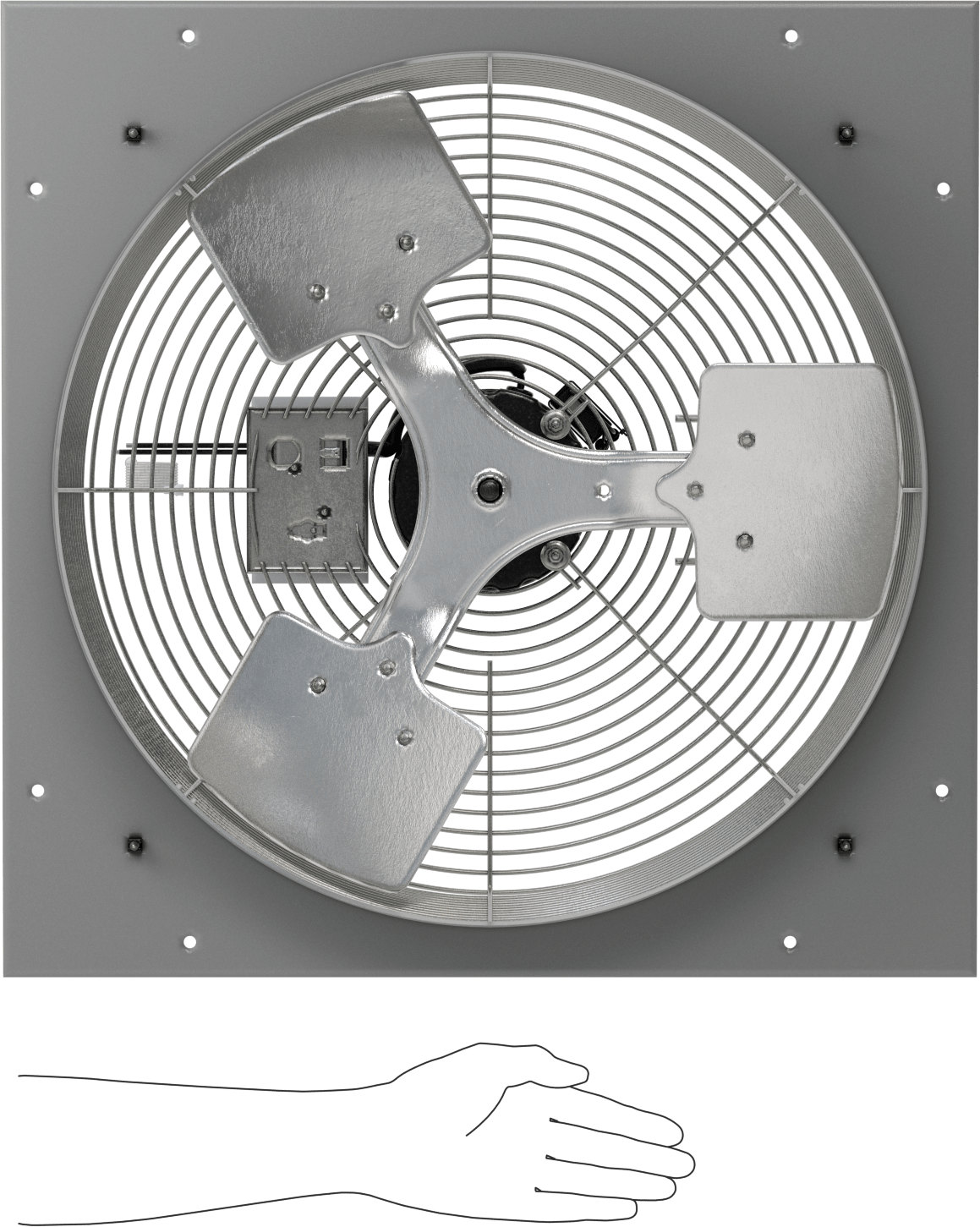 Toz Geçirmez Doğrudan Tahrikli Duvara Monte Egzoz Fanı, 20" Çaplı Bıçaklı, 120V AC, 2925 CFM Hava Akışı