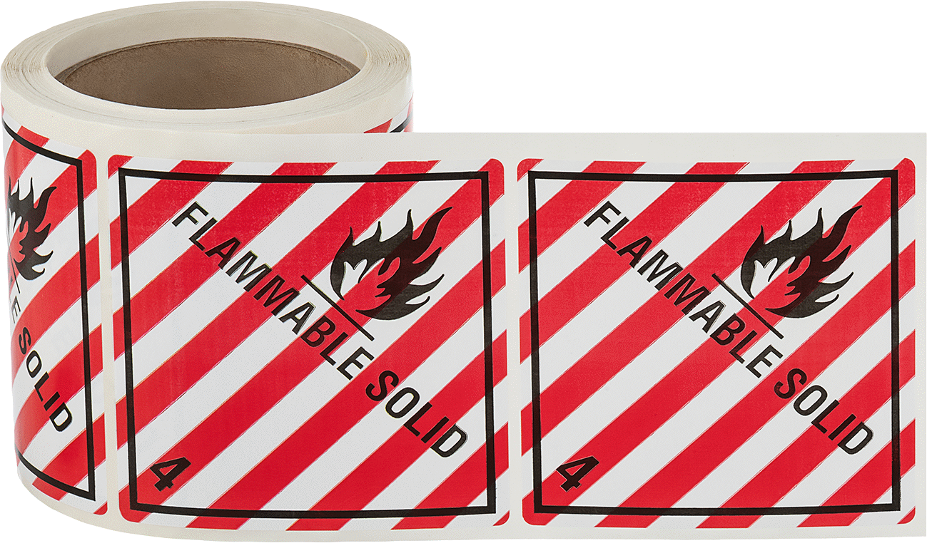 Tehlikeli Madde D.O.T. Nakliye Etiketi, (Yanıcı Katı-4, Alev Sembolü ile), 4 inç Genişlik x 4 inç Yükseklik