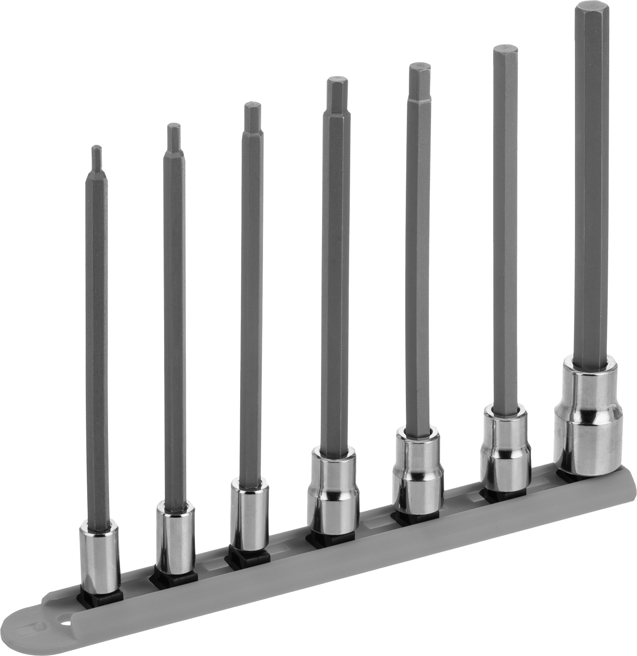 Uzun Menzilli Altıgen Uçlu Soket Seti, 1/4", 3/8“ ve 1/2” Kare Tırnak, 7 Parça, Metrik Boyutlar