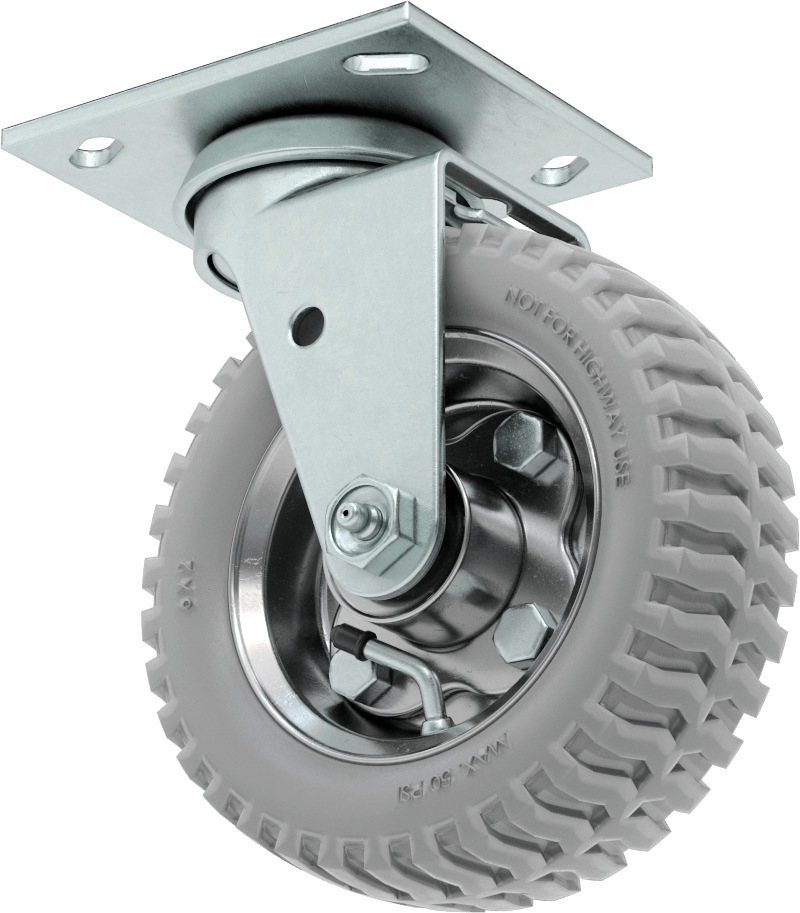 4-1/2“ x 4” Plakalı Tekerlek, 6" Çaplı Gri Lastik Tekerlekli Pnömatik Döner Tekerlek