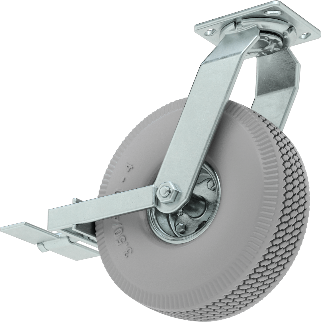 4-1/2“ x 4” Plakalı Tekerlek, Frenli ve 10 inç Çapında Gri Kauçuk Pnömatik Tekerlekli Döner Tekerlek