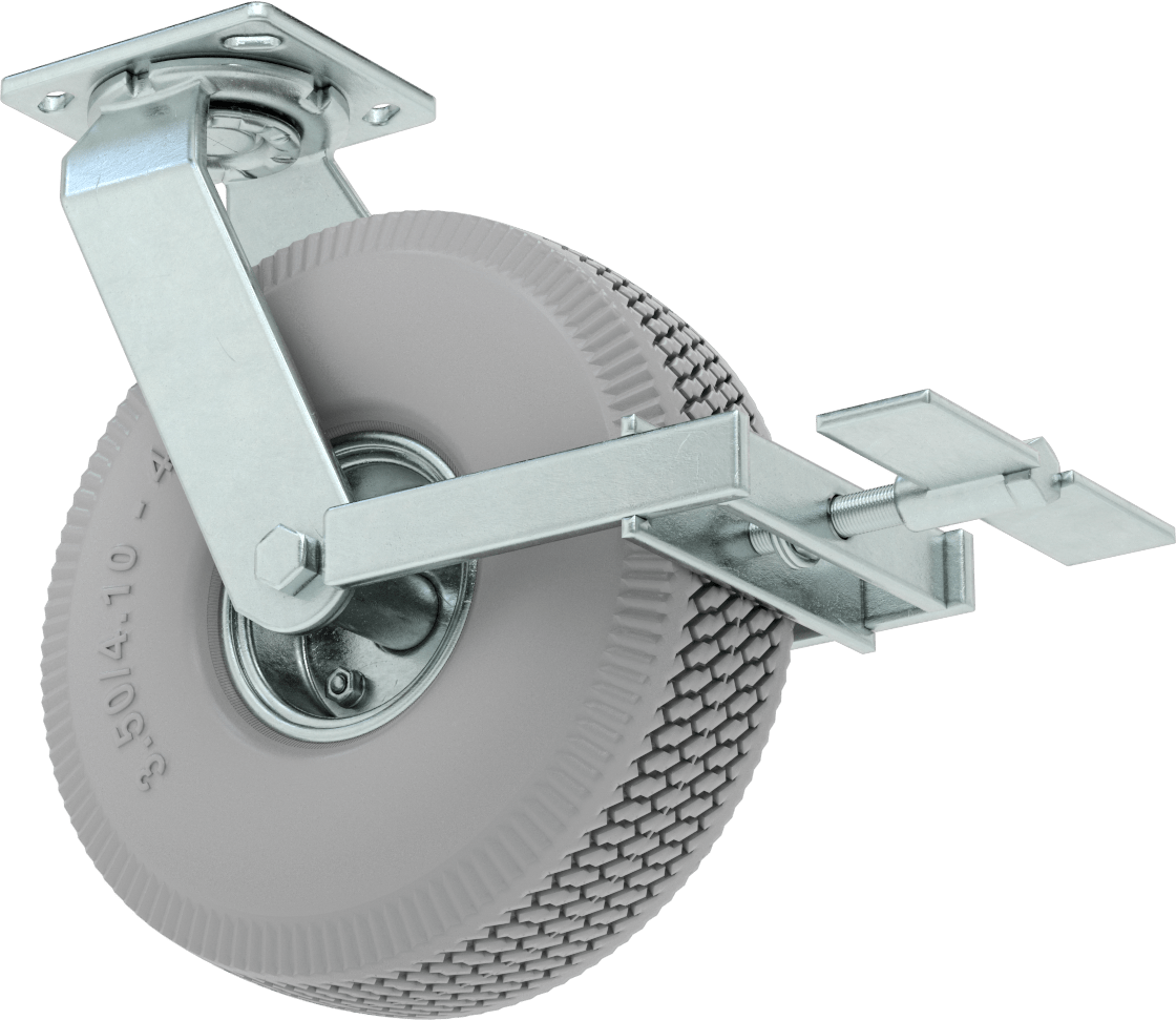 4-1/2“ x 4” Plakalı Tekerlek, Frenli ve 10 inç Çapında Gri Kauçuk Pnömatik Tekerlekli Döner Tekerlek