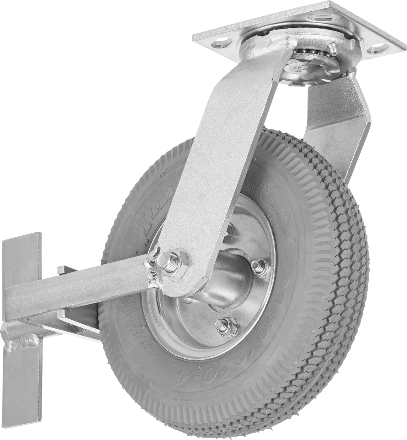 4-1/2“ x 4” Plakalı Tekerlek, Frenli ve 8 inç Çapında Gri Kauçuk Pnömatik Tekerlekli Döner Ayak