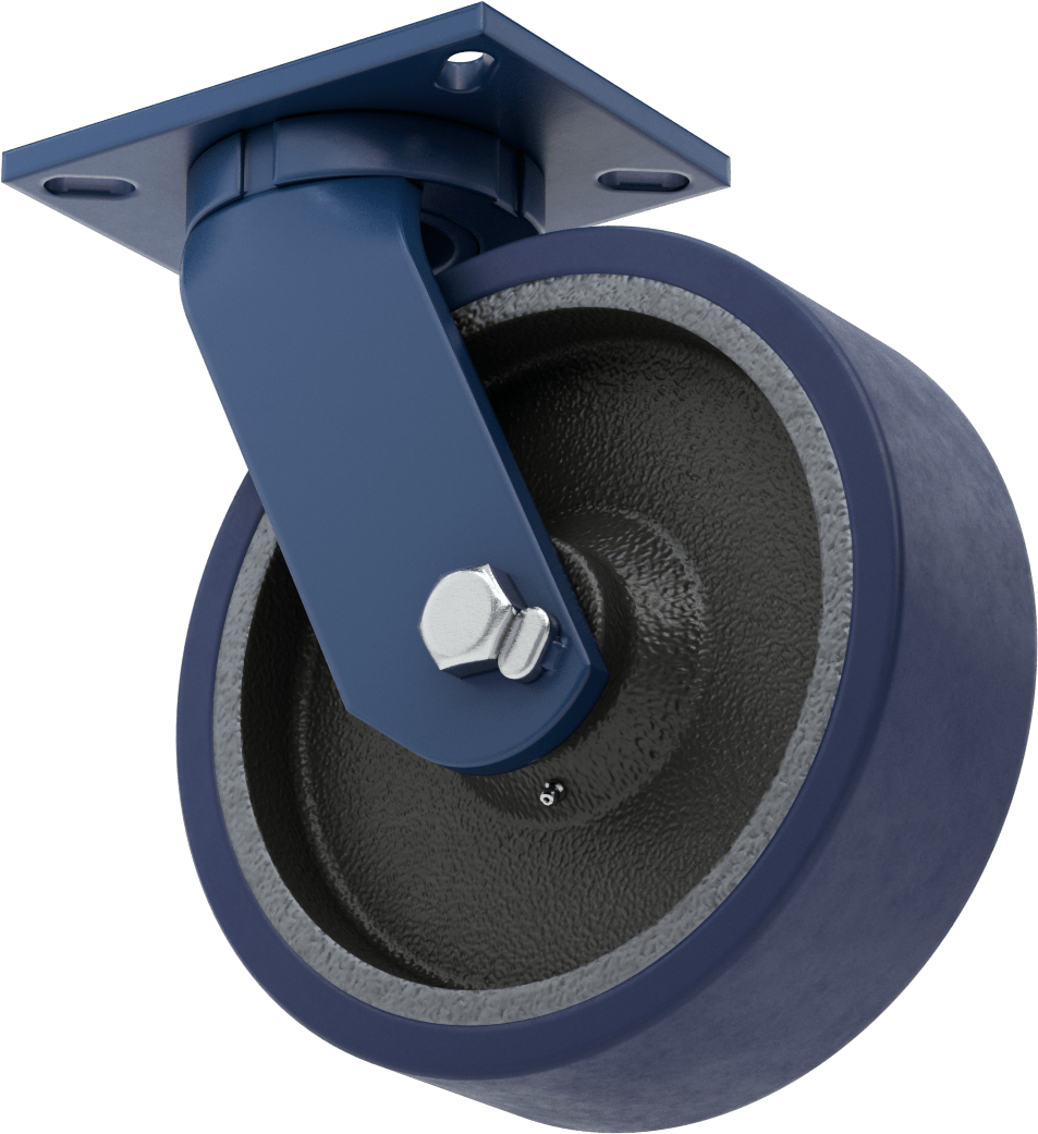 7-1/4“ x 5-1/4” Plakalı Brute Tekerlek, Ekstra Yüksek Kapasiteli, 10" Çapında Mavi Poliüretan Tekerlekli Döner
