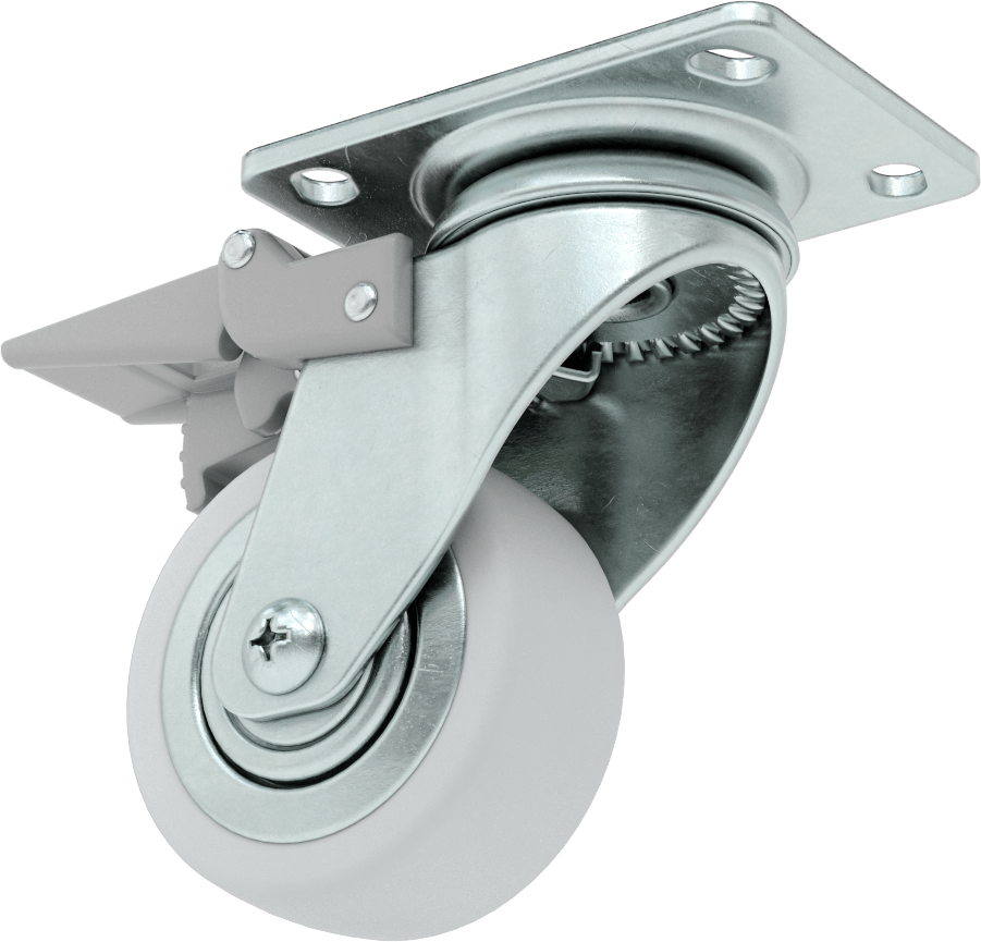 3-3/4“ x 2-3/4” Plakalı Parlak Yüzeyli Tekerlek, Tam Kilitli ve 3 inç Çapında Kauçuk Tekerlekli Döner