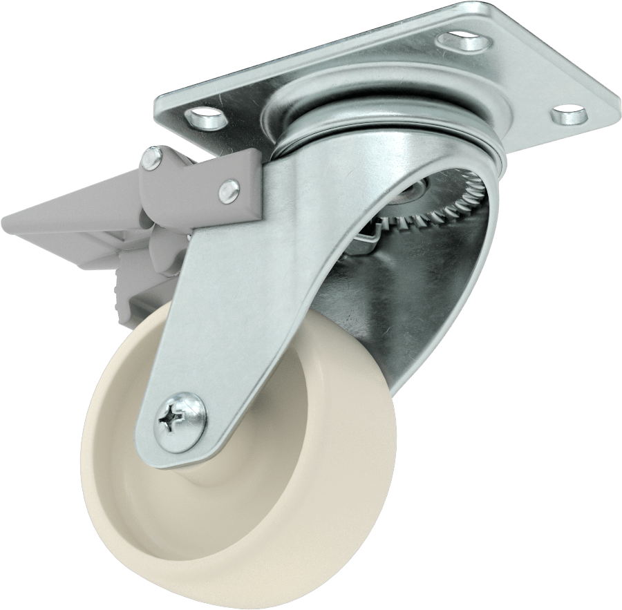 3-3/4“ x 2-3/4” Plakalı Parlak Yüzeyli Tekerlek, Tam Kilitli ve 3 inç Çapında Naylon Tekerlekli Döner Ayak