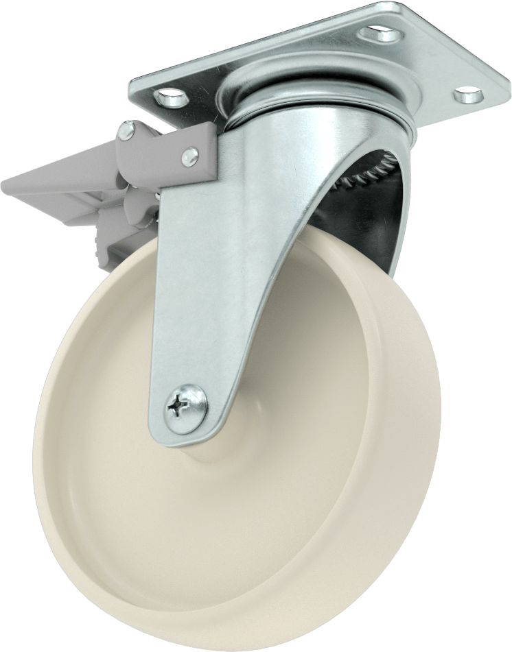 3-3/4“ x 2-3/4” Plakalı Parlak Yüzeyli Tekerlek, Tam Kilitli ve 5" Çapında Naylon Tekerlekli Döner