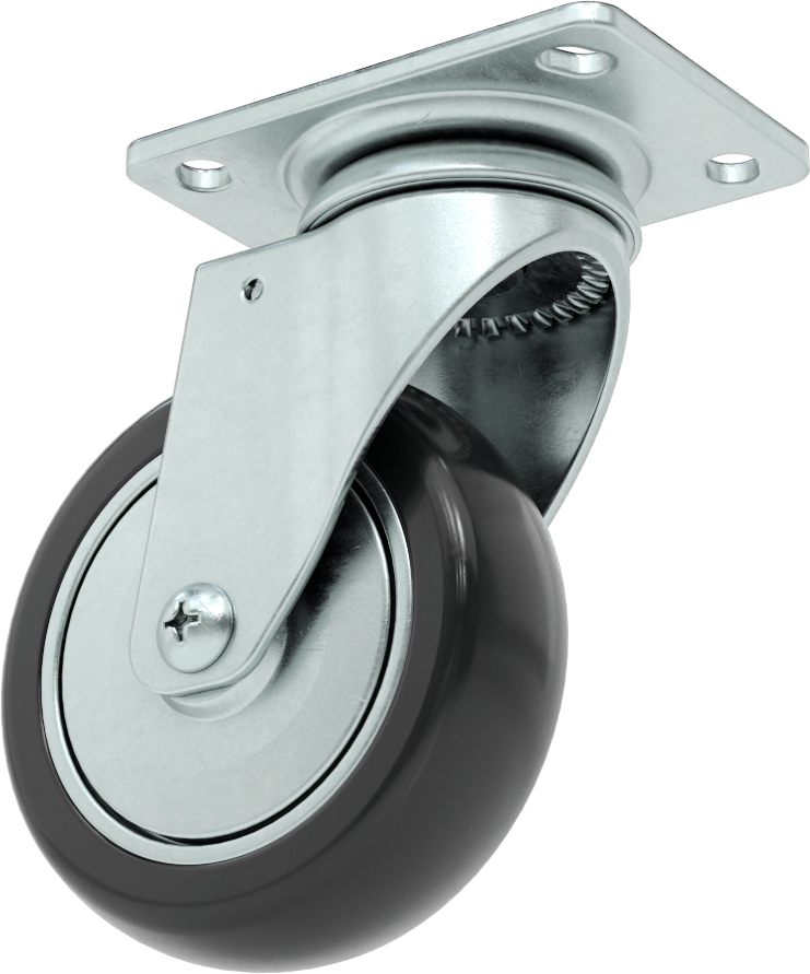 3-3/4“ x 2-3/4” Plakalı Static-Control Tekerlek, 4“ x 1-1/4” Siyah Tread-on-Core Kauçuk Tekerlekli Döner Tekerlek