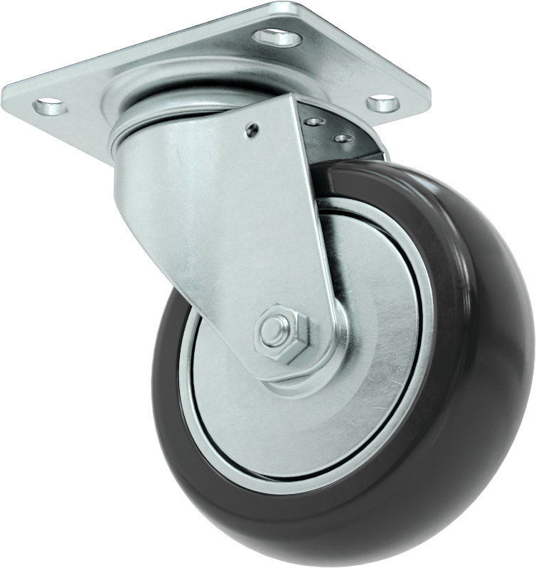 3-3/4“ x 2-3/4” Plakalı Static-Control Tekerlek, 4“ x 1-1/4” Siyah Tread-on-Core Kauçuk Tekerlekli Döner Tekerlek