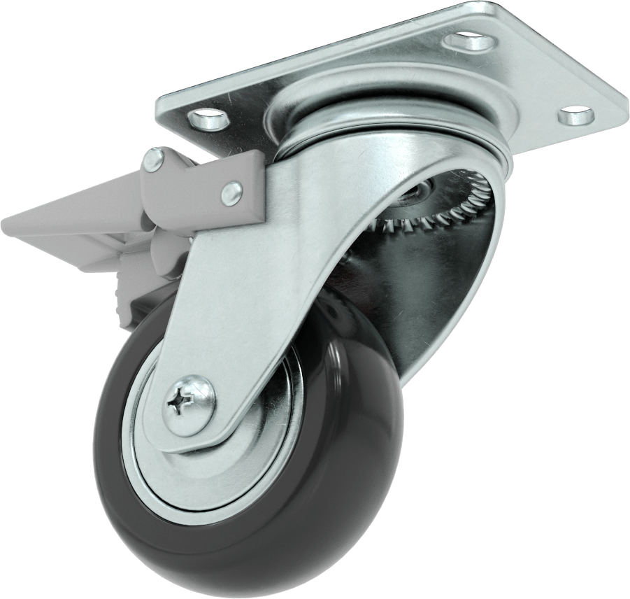 3-3/4“ x 2-3/4” Plakalı Static-Control Tekerlek, Kilitli ve 3 inç x 1-1/8 inç Siyah Çekirdek Üzerine Baskılı Kauçuk Tekerlekli Döner Tekerlek
