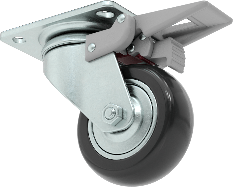 3-3/4“ x 2-3/4” Plakalı Static-Control Tekerlek, Kilitli ve 3 inç x 1-1/8 inç Siyah Çekirdek Üzerine Baskılı Kauçuk Tekerlekli Döner Tekerlek