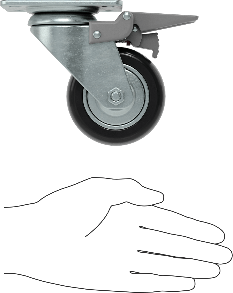3-3/4“ x 2-3/4” Plakalı Static-Control Tekerlek, Kilitli ve 3 inç x 1-1/8 inç Siyah Çekirdek Üzerine Baskılı Kauçuk Tekerlekli Döner Tekerlek