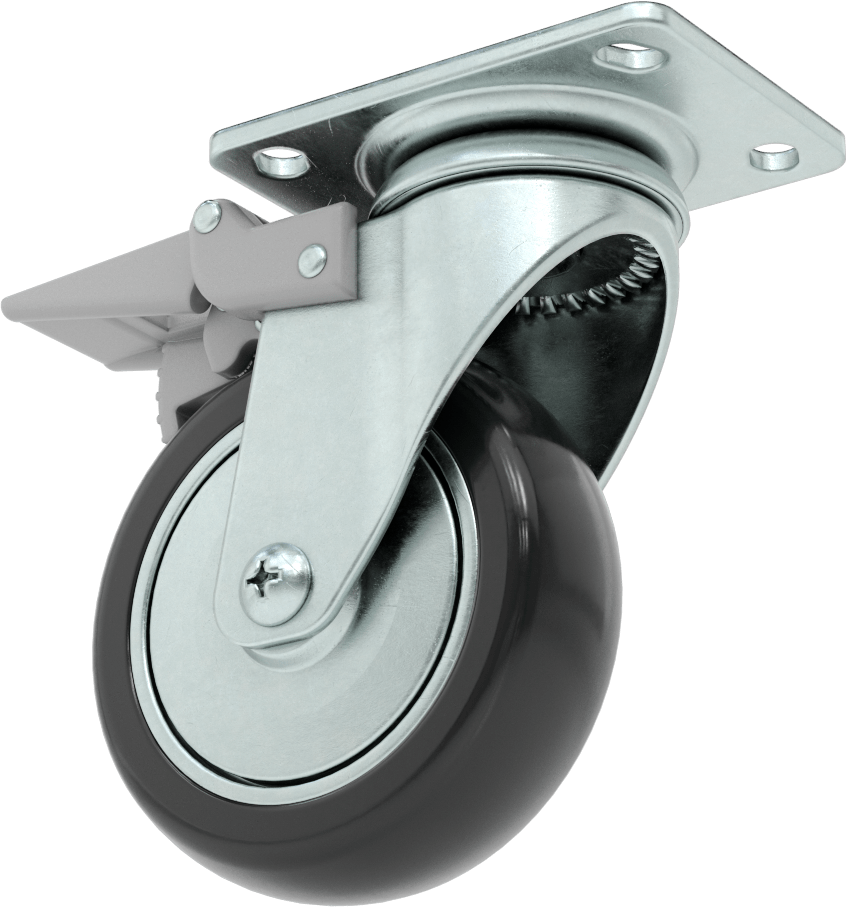 3-3/4“ x 2-3/4” Plakalı Static-Control Tekerlek, Kilitli ve 4“ x 1-1/4” Siyah Tread-on-Core Kauçuk Tekerlekli Döner Tekerlek
