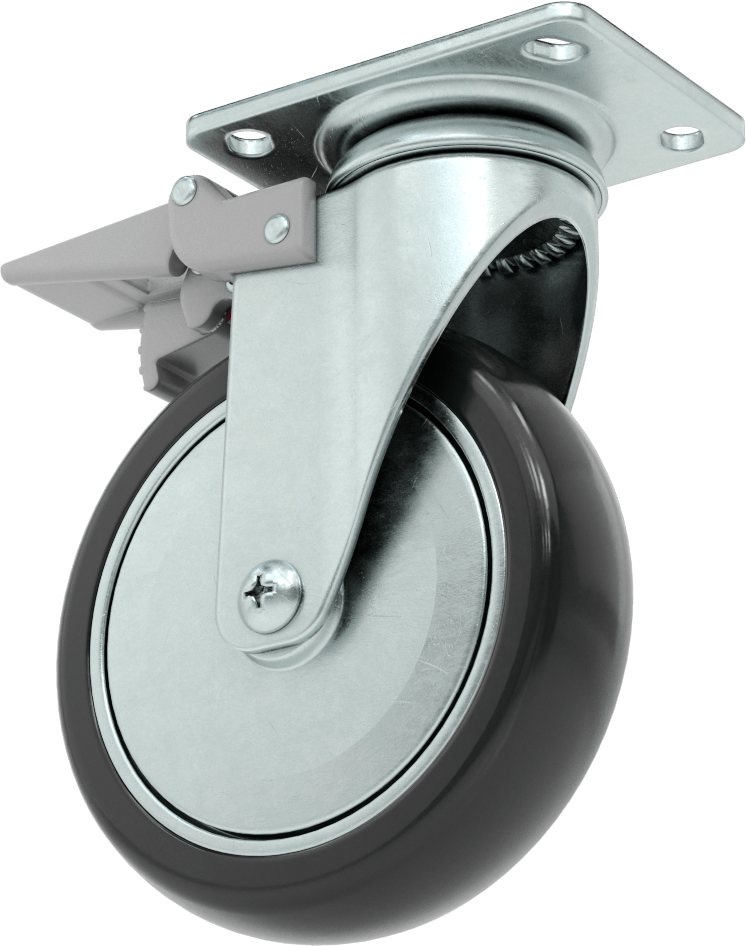 3-3/4“ x 2-3/4” Plakalı Static-Control Tekerlek, Kilitli ve 5“ x 1-1/4” Siyah Tread-on-Core Kauçuk Tekerlekli Döner Tekerlek