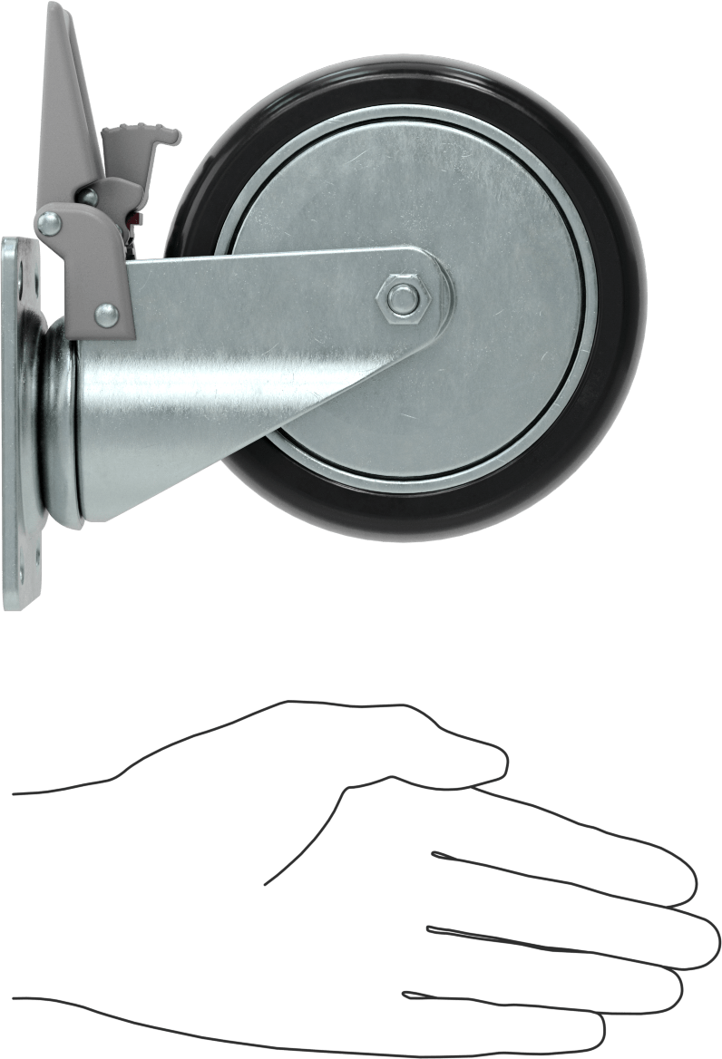 3-3/4“ x 2-3/4” Plakalı Static-Control Tekerlek, Kilitli ve 5“ x 1-1/4” Siyah Tread-on-Core Kauçuk Tekerlekli Döner Tekerlek