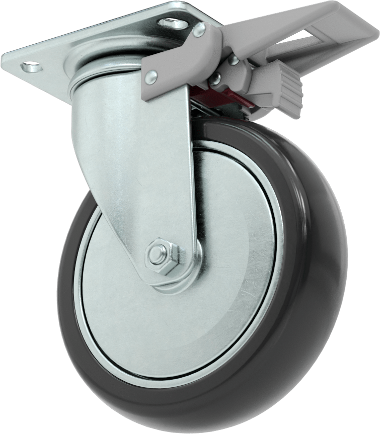 3-3/4“ x 2-3/4” Plakalı Static-Control Tekerlek, Kilitli ve 5“ x 1-1/4” Siyah Tread-on-Core Kauçuk Tekerlekli Döner Tekerlek