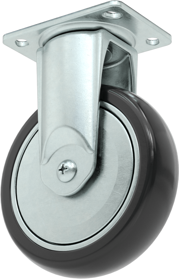 3-3/4“ x 2-3/4” Plakalı Static-Control Tekerlek, 5“ x 1-1/4” Siyah Tread-on-Core Kauçuk Tekerlekli Sert