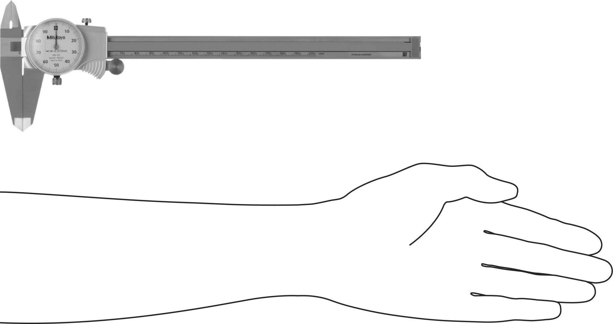 Mitutoyo Kadranlı Kaliper, Model Numarası 505-733, 0 mm ila 200 mm Ölçüm Aralığı