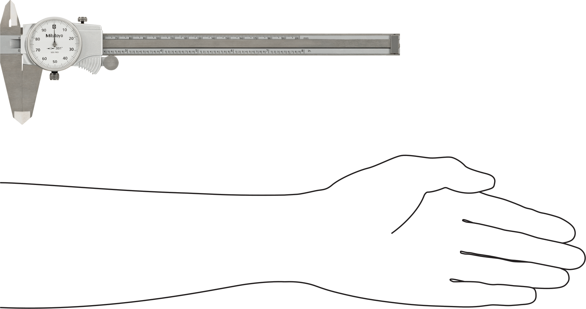 Mitutoyo Kadranlı Kaliper, NIST Sertifikalı, Model Numarası 505-743, 0“ ila 8” Aralığı