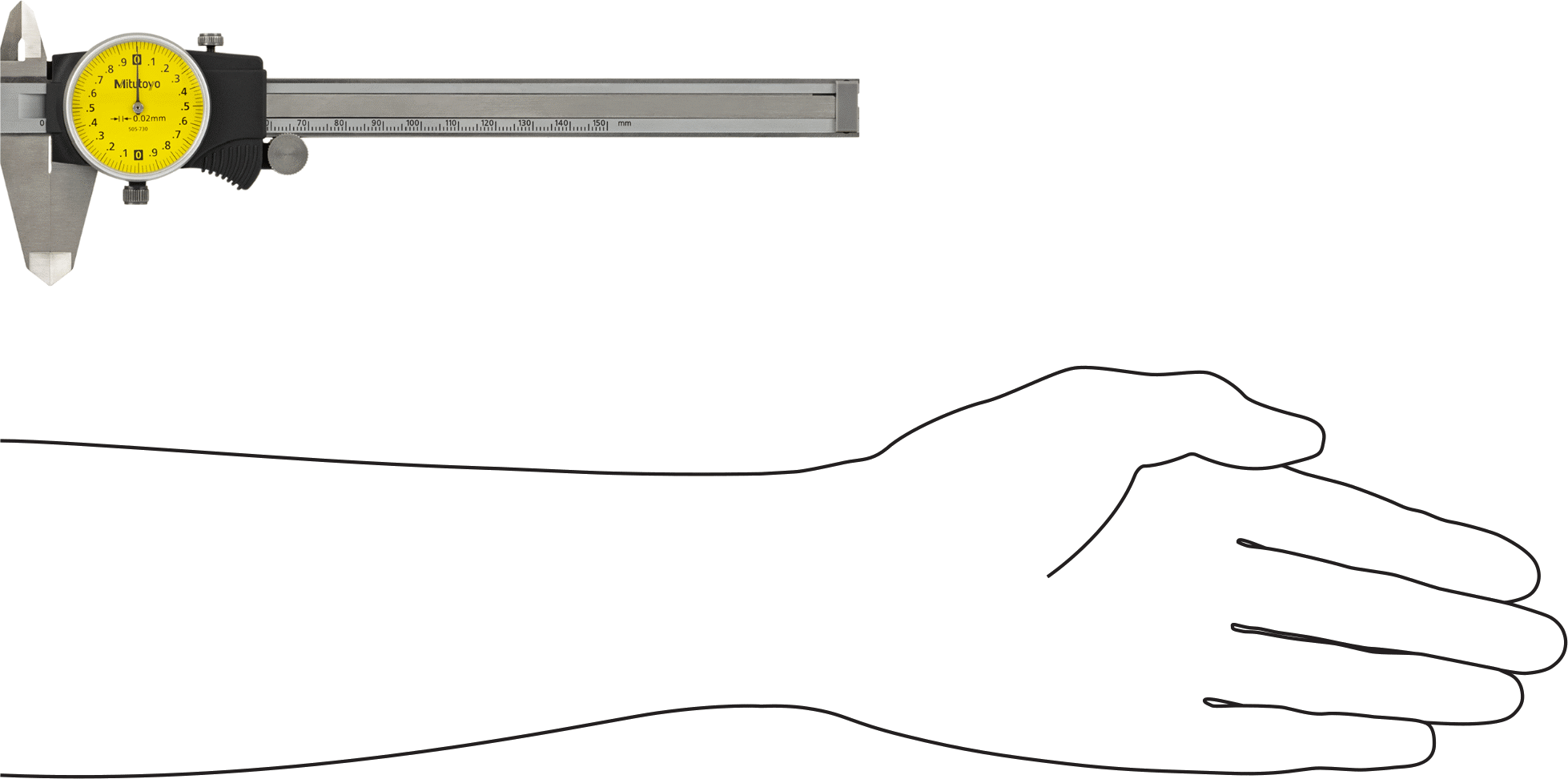 Mitutoyo Kadranlı Kaliper, NIST Sertifikalı, Model Numarası 505-730, 0 mm ila 150 mm Aralık