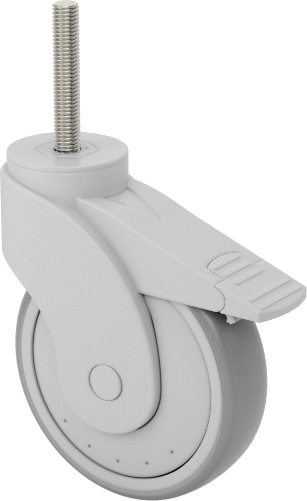 Yıkanabilir Dişli Tekerlek, Total Lock Döner, M12 Diş x 68 mm Uzunlukta Mil, Kauçuk Tekerlek
