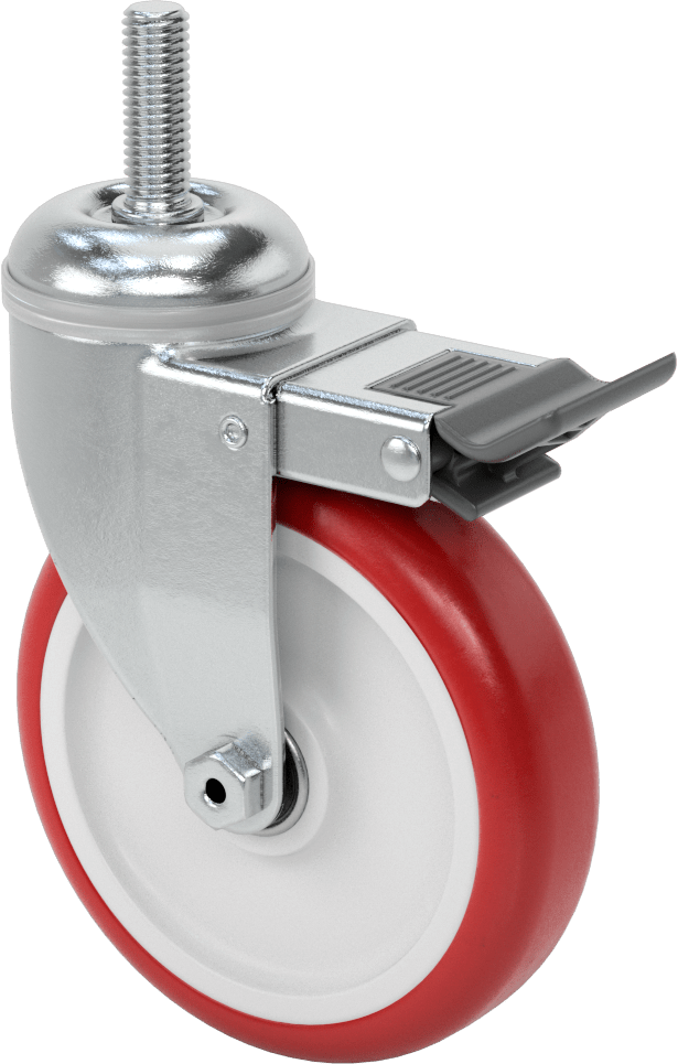 Tam Kilitli Dişli Saplı Tekerlek, 1/2“-13 Diş x 1-1/2” Uzunluk, 5" Çap Poliüretan Tekerlek