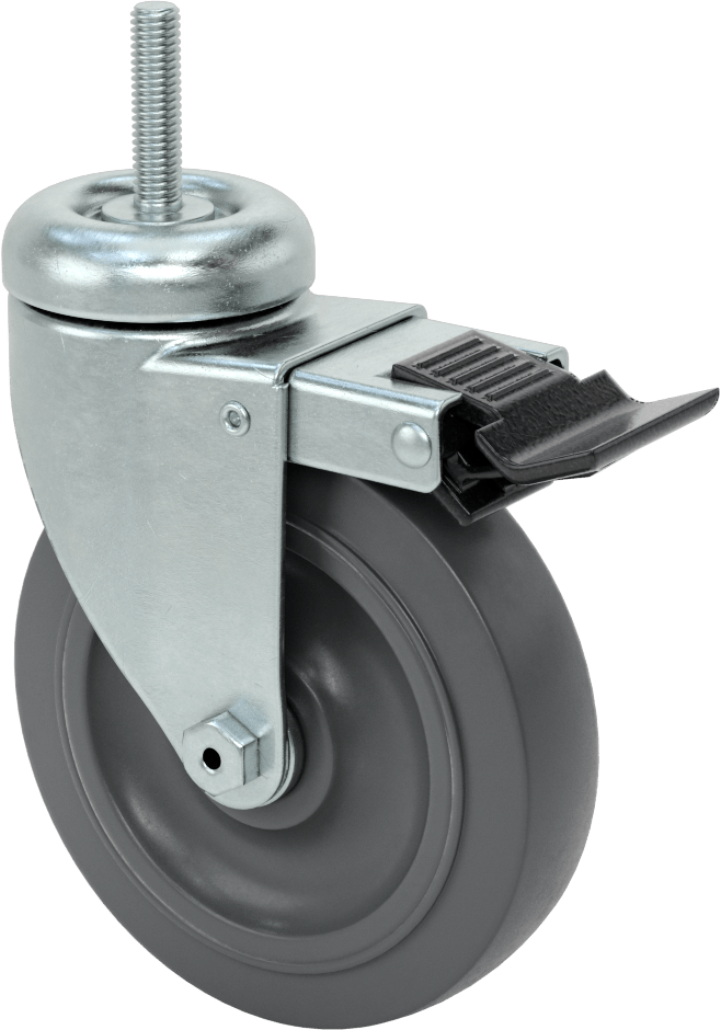 Tam Kilitli Dişli Saplı Tekerlek, 3/8"-16 Diş, 5" Çaplı Kauçuk Tekerlek, Flanşlı Kovanlı Rulman