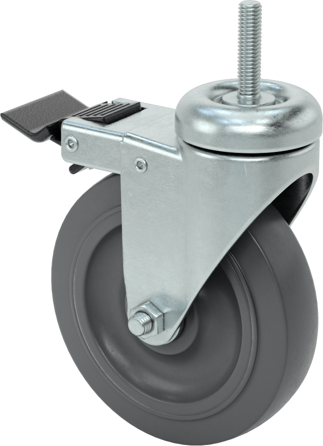 Tam Kilitli Dişli Saplı Tekerlek, 3/8"-16 Diş, 5" Çaplı Kauçuk Tekerlek, Flanşlı Kovanlı Rulman