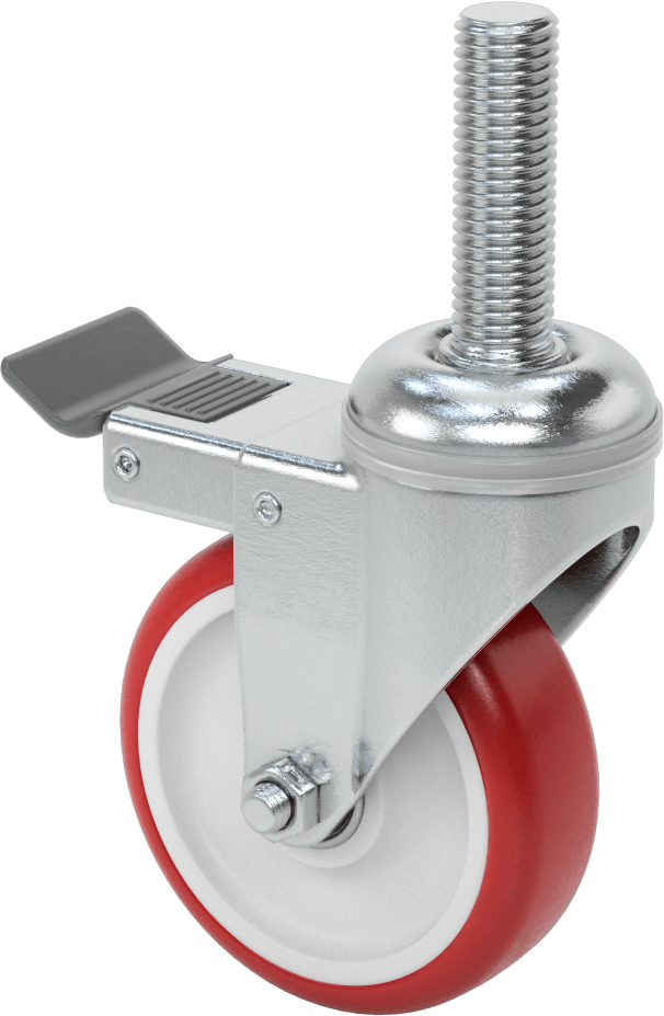 Tam Kilitli Dişli Saplı Tekerlek, 3/4“-10 Dişli x 2-1/2” Uzunluk, 4" Çaplı Poliüretan Tekerlek